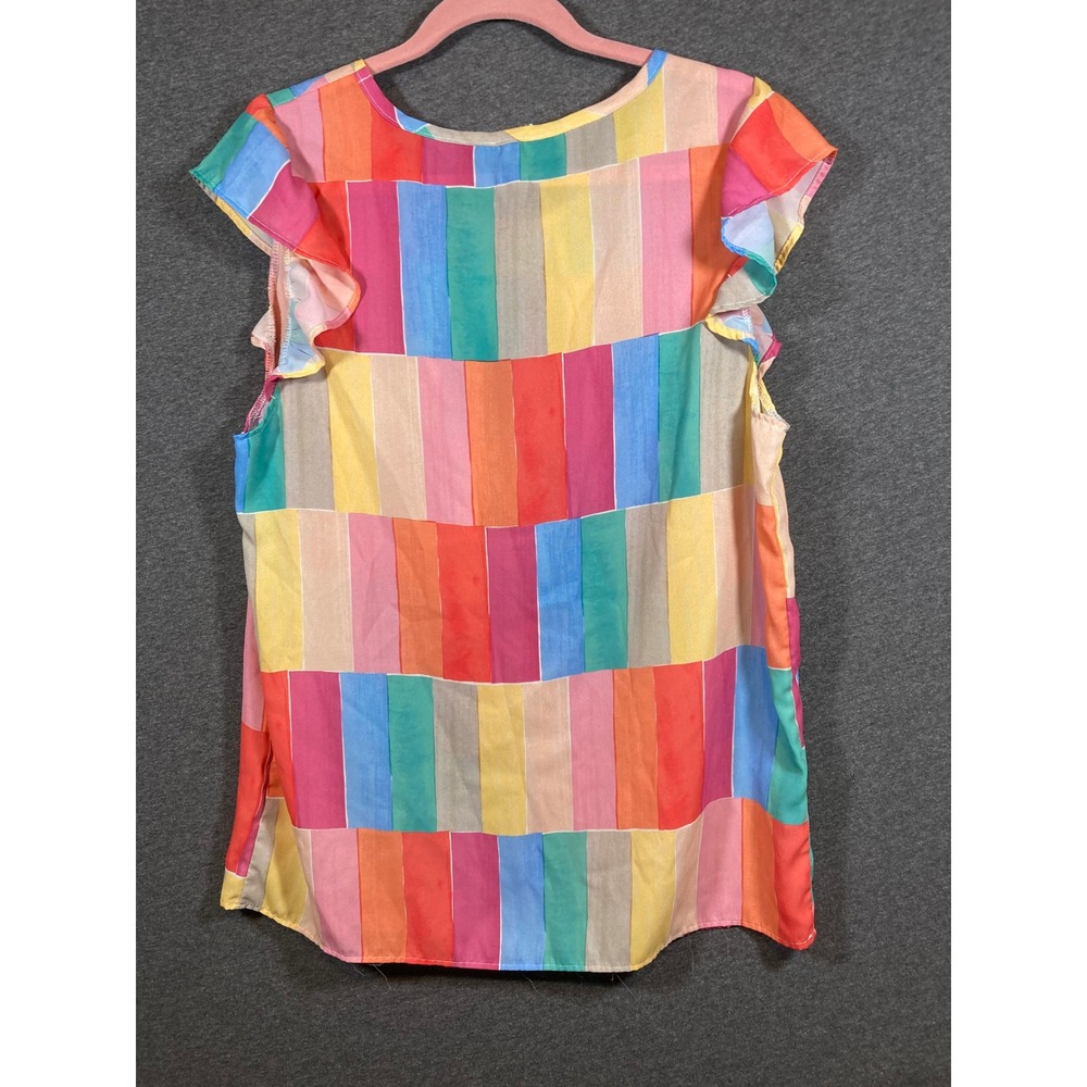 BIBI Womens Multicolor Geometric Block Stripe Flutter Sleeve Blouse Top 0627 - Picture 2 of 7